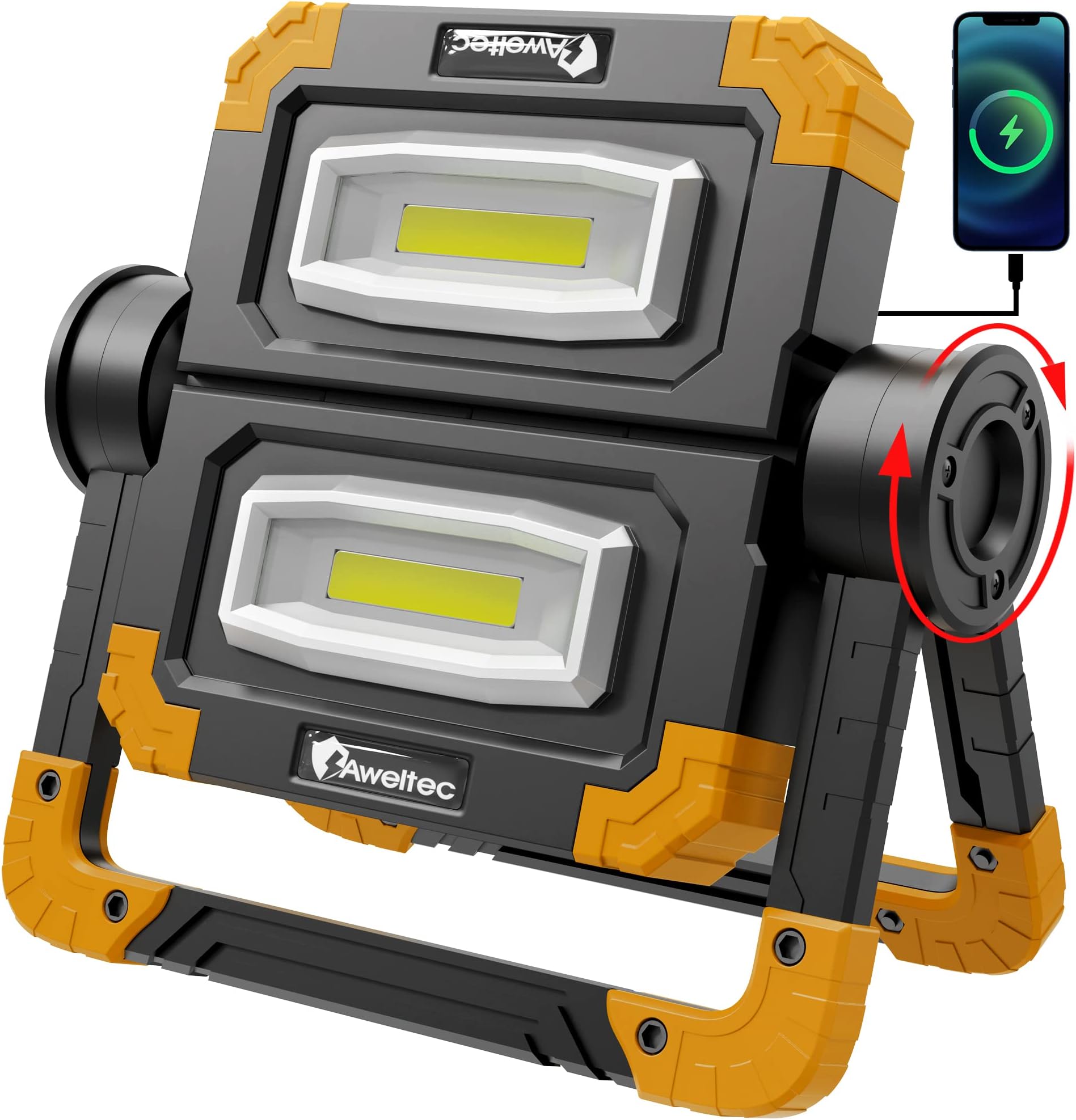 LED Work Light Rechargeable - 2 COB 2000 Lumens 360° Foldable Flood Work Light for Outdoor Camping, Emergency Car Repairing and Job Site Lighting (Yellow)