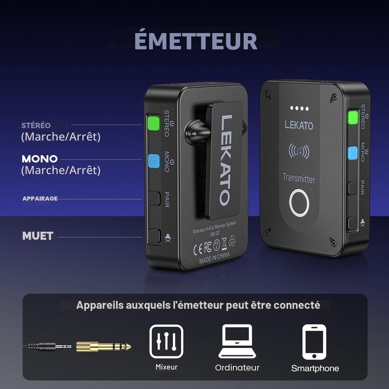 LEKATO MS-02 Système de Moniteur Intra-auriculaire sans Fil, 2,4 G Système de Retours in-Ear IEM sans Fil Professionnel avec Émetteur et Récepteur Fonctionnant en Mode Mono et Stéréo