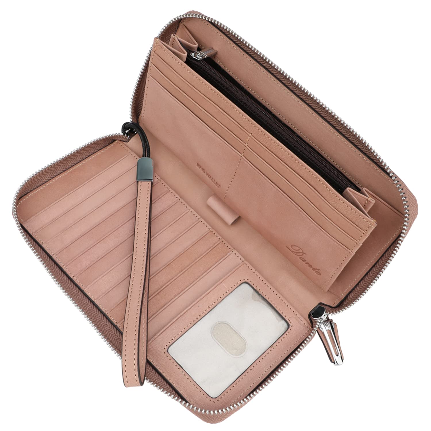Lavemi Damen RFID-Blockierendes Leder Große Kapazität Reißverschluss Around Geldbörse Clutch Reise Geldbörse mit Handschlaufe, 2. Dunkles Rosa, Einheitsgröße, RFID-Brieftasche