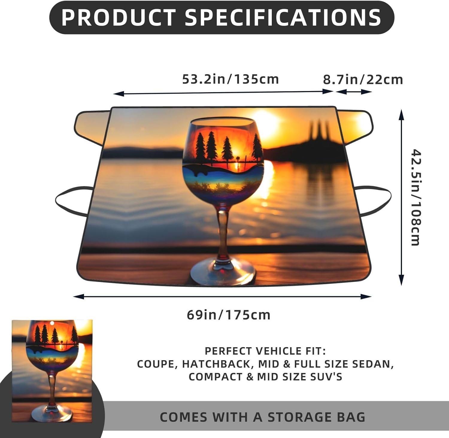 Sunset Wine Glass Print Car Cover for Snow All-Season Windshield Cover with Elastic Strap Fits Most Cars and Trucks