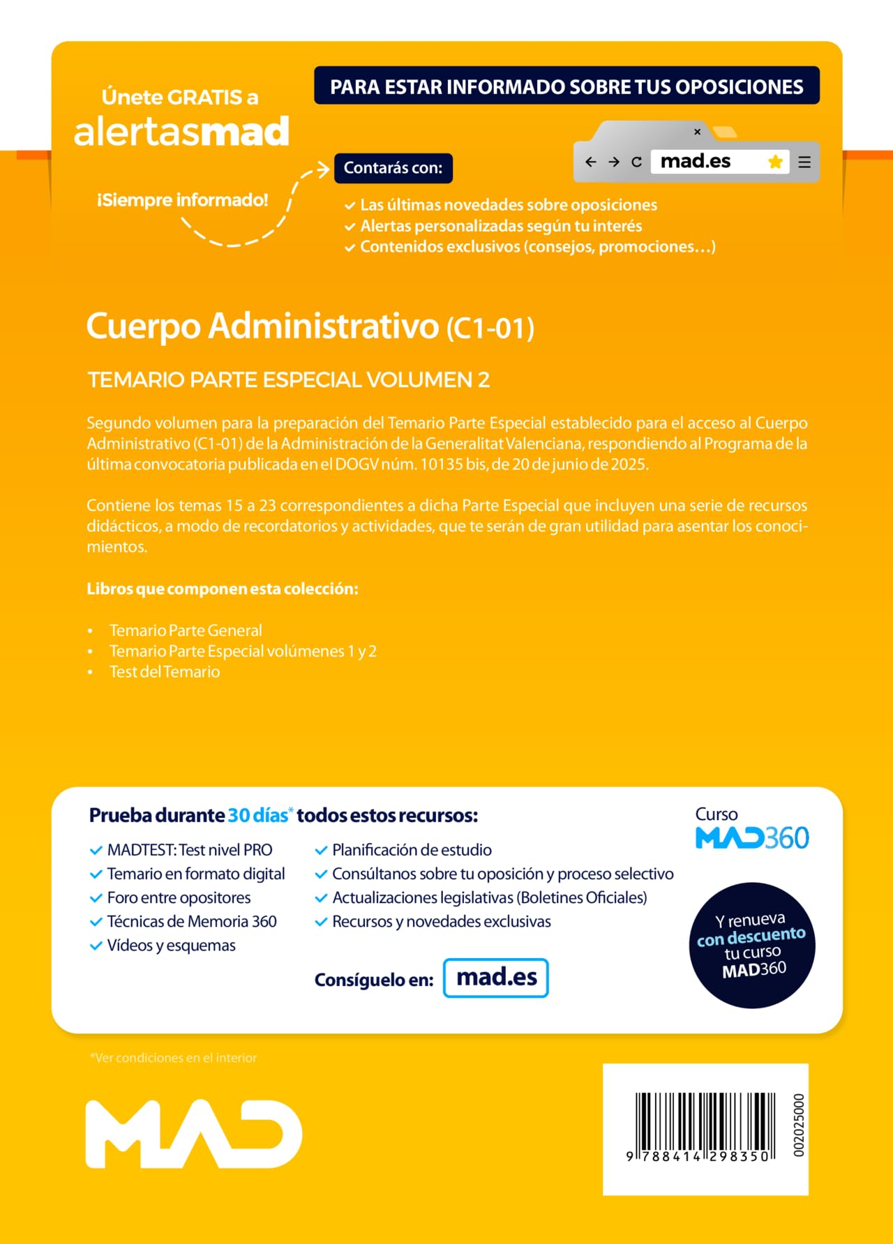 CUERPO ADMINISTRATIVO (C1-01) TEMARIO PARTE ESPECIAL VOL 2 GENERALITAT VALENCIAN