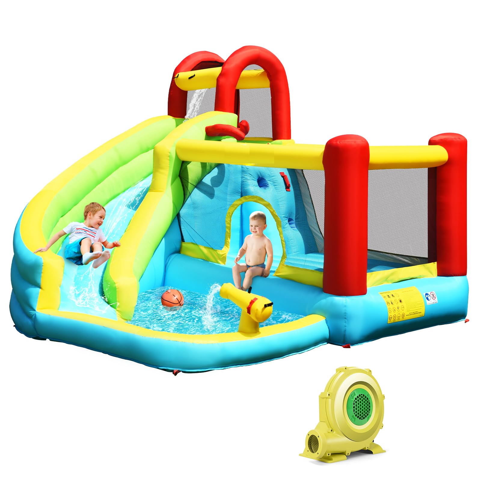 GLACER 6-in-1 Bounce House, Inflatable Jumper w/Slide, Climbing Wall, Splash Pool, Water Gun, Basketball Hoop, Outdoor Indoor Blow Up Bouncy House, Water Slide for Backyard, Party (with 480W Blower)