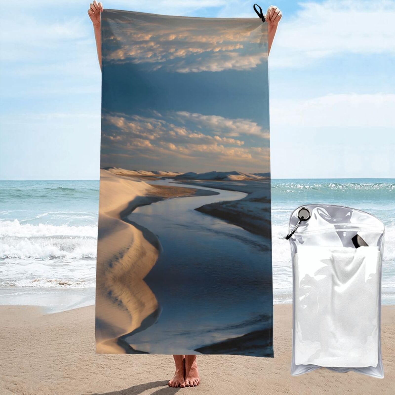 ESNAIUVCD Calm River Sand Dunes Print Beach Towel, Microfibre Sauna Towel, Quick-Drying Fitness Towel, Lightweight And Thin Portable Sauna Towel