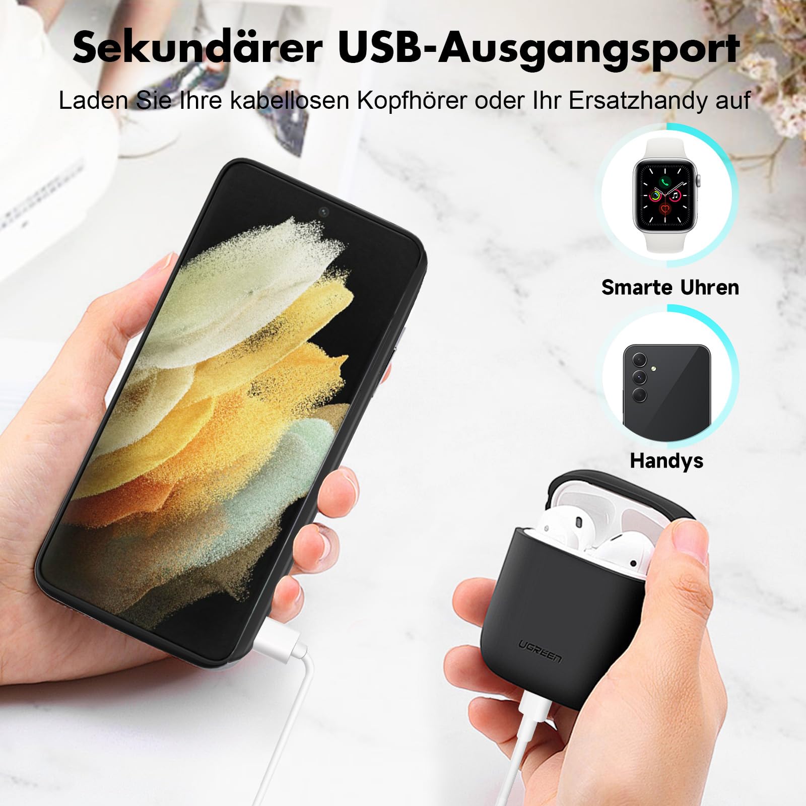 Akkuhülle für Samsung Galaxy S21 Ultra, 5000mAh, Schlanke Wiederaufladbare Ladehülle Erweiterte Ladehülle mit Standfuß,Tragbare Powerbank für Samsung Galaxy S21 Ultra 5G (6,8 Zoll), Schwarz