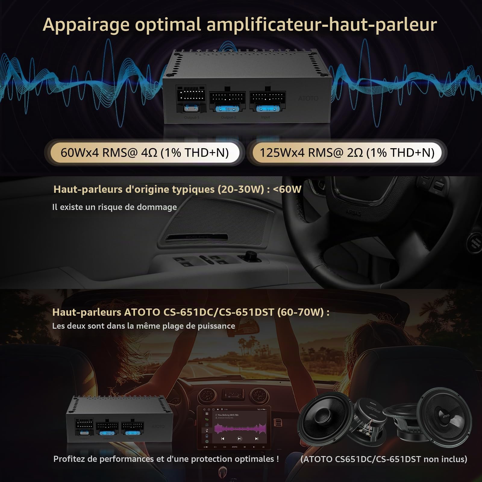 ATOTO CA-AEC122D Amplificateur Voiture Classe D TI TPA3221, 4 Canaux, Supporte Entrée 7V-30V, 2/4 Ohm Stable, 108dB SNR, Uniquement pour Autoradios ATOTO Sélectionnés