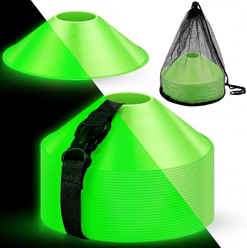 Hiboom Glow in The Dark Football Cones Light up Agility Soccer Cones with Carry Bag for Sports Training Glow in The Dark Games Field Cone Markers Basketball Football Coaching