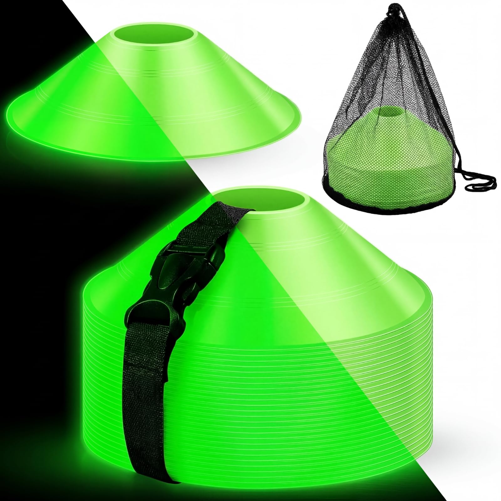 Hiboom Glow in The Dark Football Cones Light up Agility Soccer Cones with Carry Bag for Sports Training Glow in The Dark Games Field Cone Markers Basketball Football Coaching
