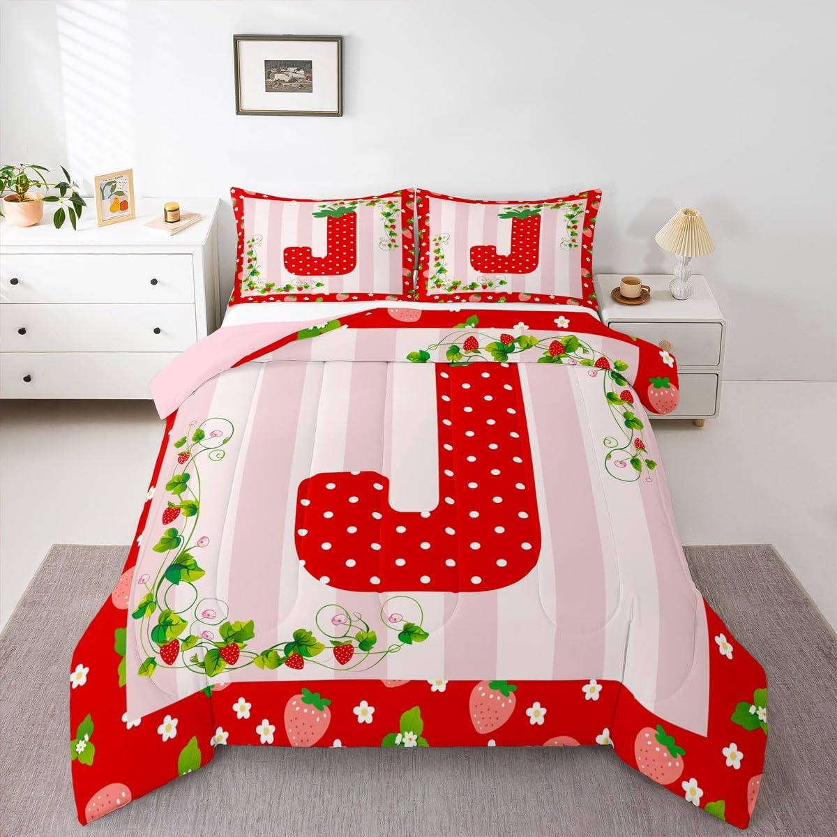 Feelyou Strawberry Comforter Set Twin Size Initial J Bedding Set Gifts for Women Teen Girl,Duvet Quilt Personalized Letter J Bedroom Decor Strawberry Themed Microfiber 2 Pcs with 1 Pillow Cases