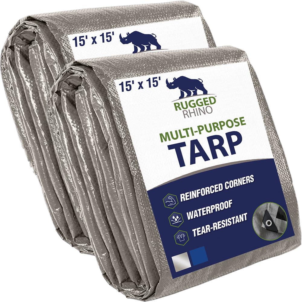 RUGGED RHINO Heavy Duty Waterproof Tarp, 15x15, 2 Pack, UV and