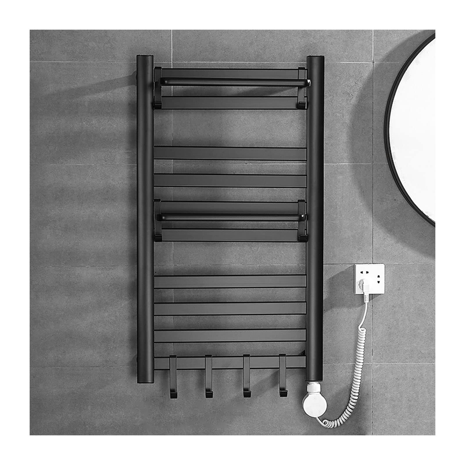 Toallero calefactable de pared negro para disfrutar de toallas cálidas y baño seco en invierno