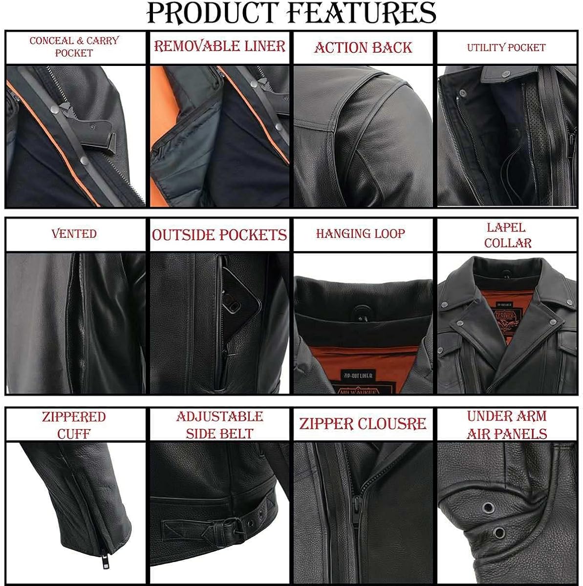 Miniatura 5 de Milwaukee Leather LKM1760 - Chaqueta de cuero negro con bolsillos utilitarios para hombre