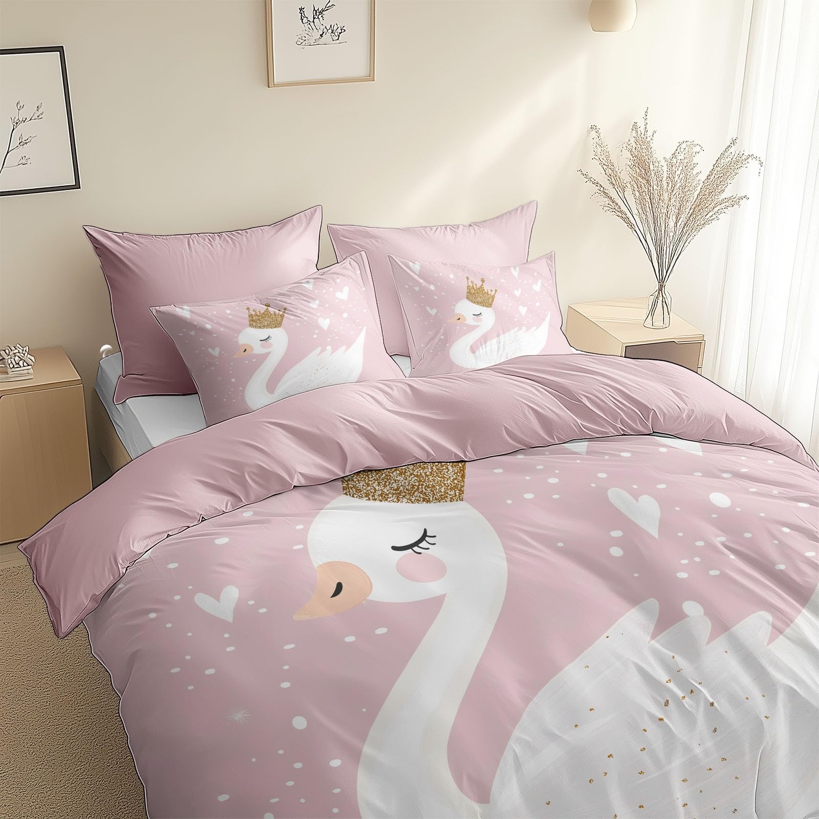 XCQHZYQ Emperor Duvet Cover Set Cartoon Cute Swan 290x235 cm Pink Bedding Sets Reversible Printed Quilt Cover, Comfy Soft Easy Care Non Iron Breathable Polycotton Bed Set