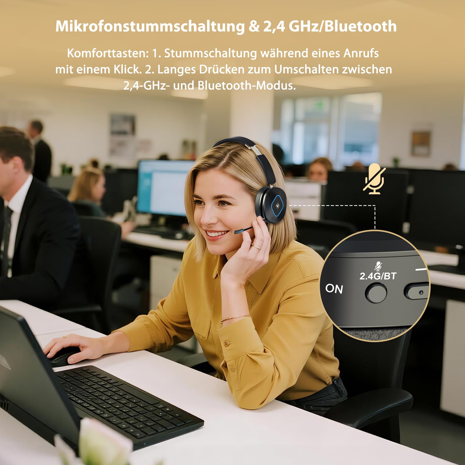 Earbay V6.0 Bluetooth Headset mit Mikrofon, Wireless Headset mit AI Noise Cancelling Mikrofon, RGB-Ladestation, USB-Dongle, 45+ Std. Akku, Wiederaufladbar On-Ear Kopfhörer für Büro, Home, Callcenter