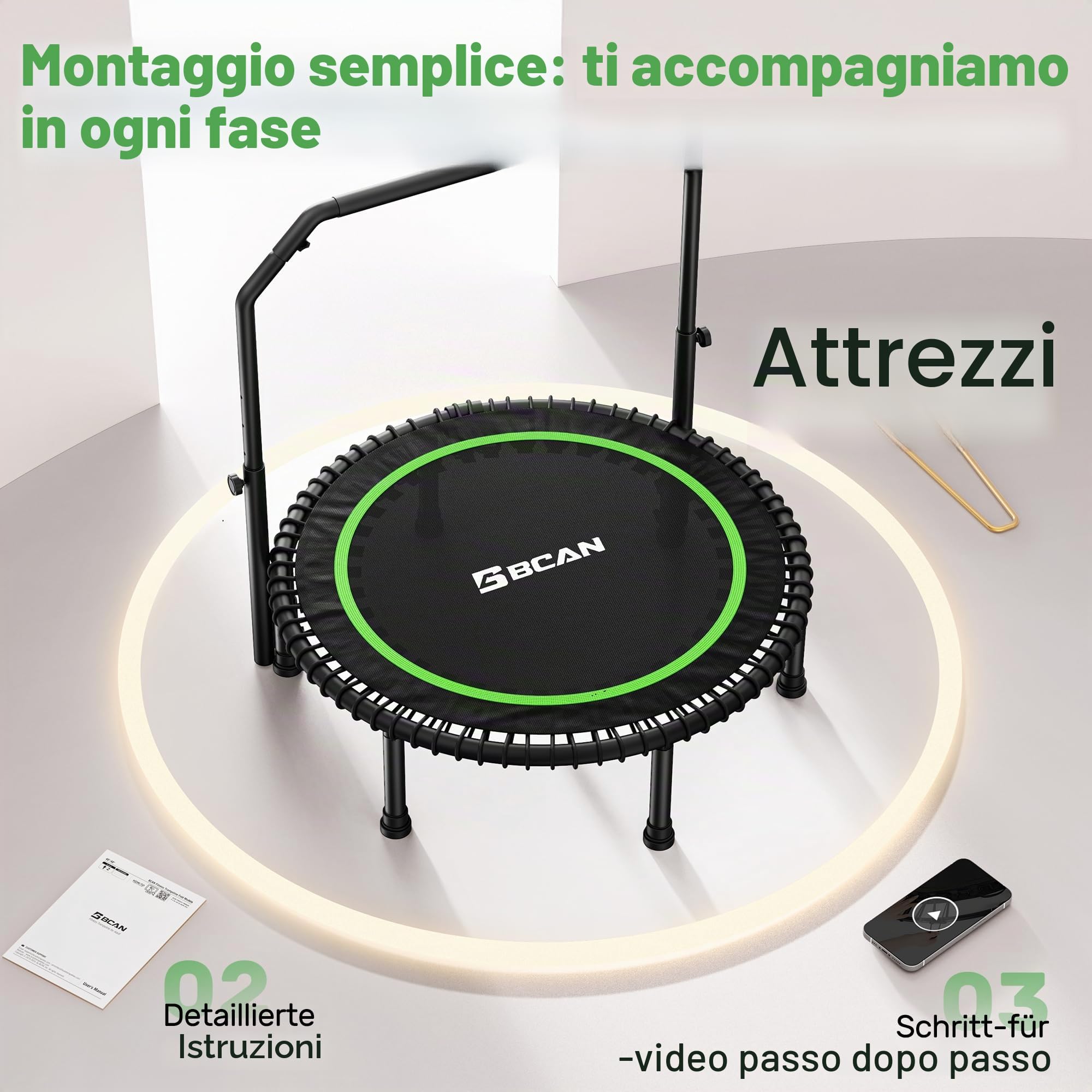 Trampolino elastico BCAN 102/122 cm per adulti, capacità di carico 204/250 kg, elastici, maniglia regolabile, stabile, silenzioso, per interni/esterni, allenamento completo del corpo, relax a casa