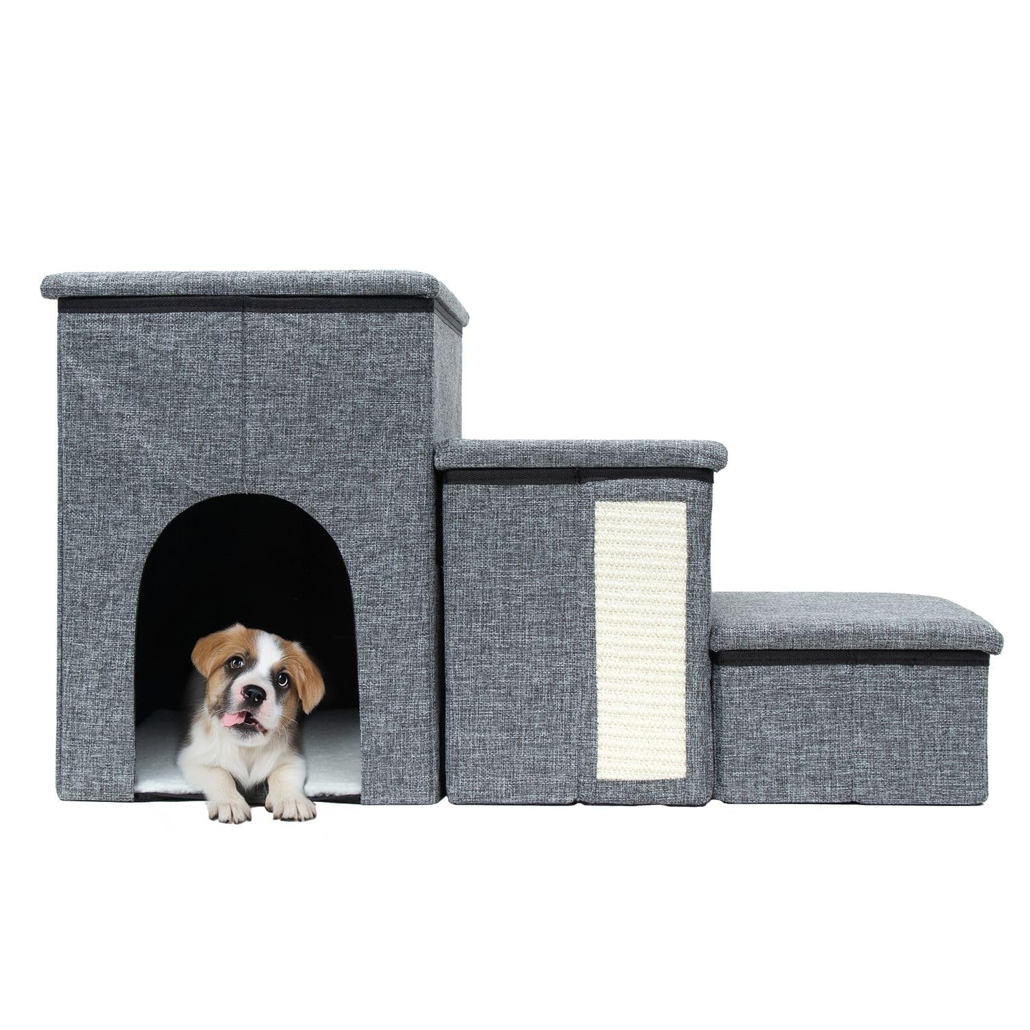 Intirilife Scale per cani pieghevoli con 3 gradini in grigio -72x32,5x43 cm- scale per animali domestici con vano portaoggetti -scala per gatti tiragraffi- box portaoggetti, per divano letto divano