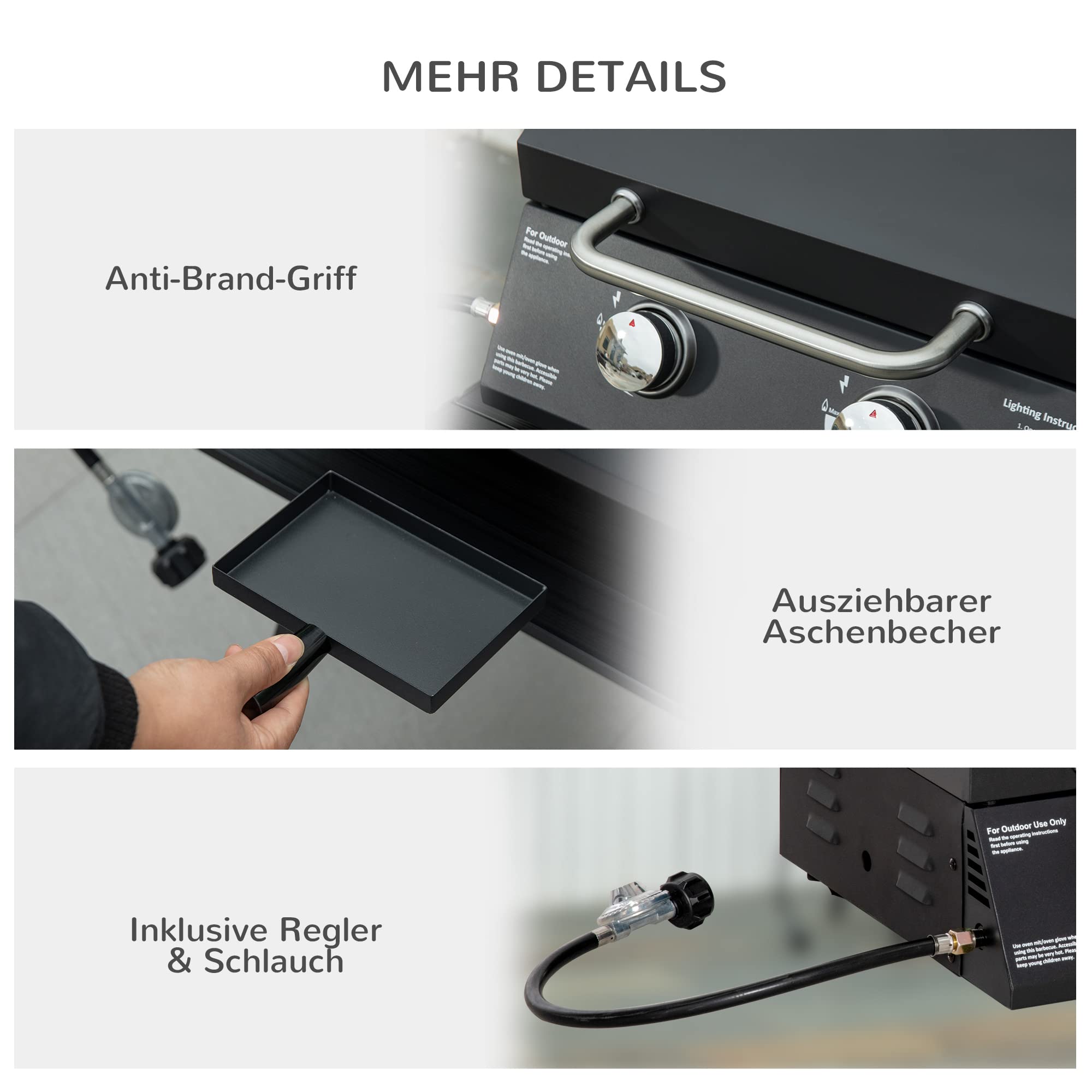 Outsunny Tischgrill Gasgrill BBQ mit 2 Brennern mobiler Grillwagen Grillnetz klein Outdoor Tischgasgrill Picknick mit Druckminderer Schlauch Edelstahl Schwarz 55 x 46,5 x 41 cm