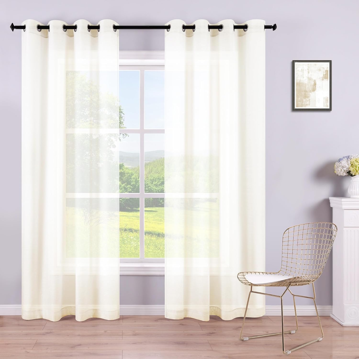 Ivory Sheer Curtains 84 Inch Length Grommet 2 Panels Faux Linen Look Voile Semi Window Sheer Curtains for Living Room Bedroom Pair Width 52 x 84 Inches Long Ring Top Ecru Light Cream Off White 52"W x 84"L (Pack of 2) Ivory