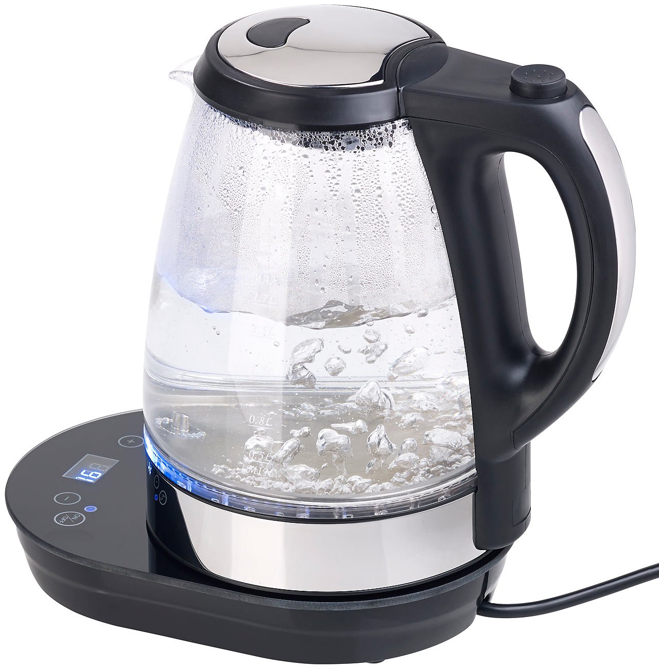 Rosenstein & Söhne bollitore in vetro: Digital Glass- Bollitore con selezione della temperatura, 20-100 °C, 2.200 Watt (con LED, indicatore di temperatura, cucina)