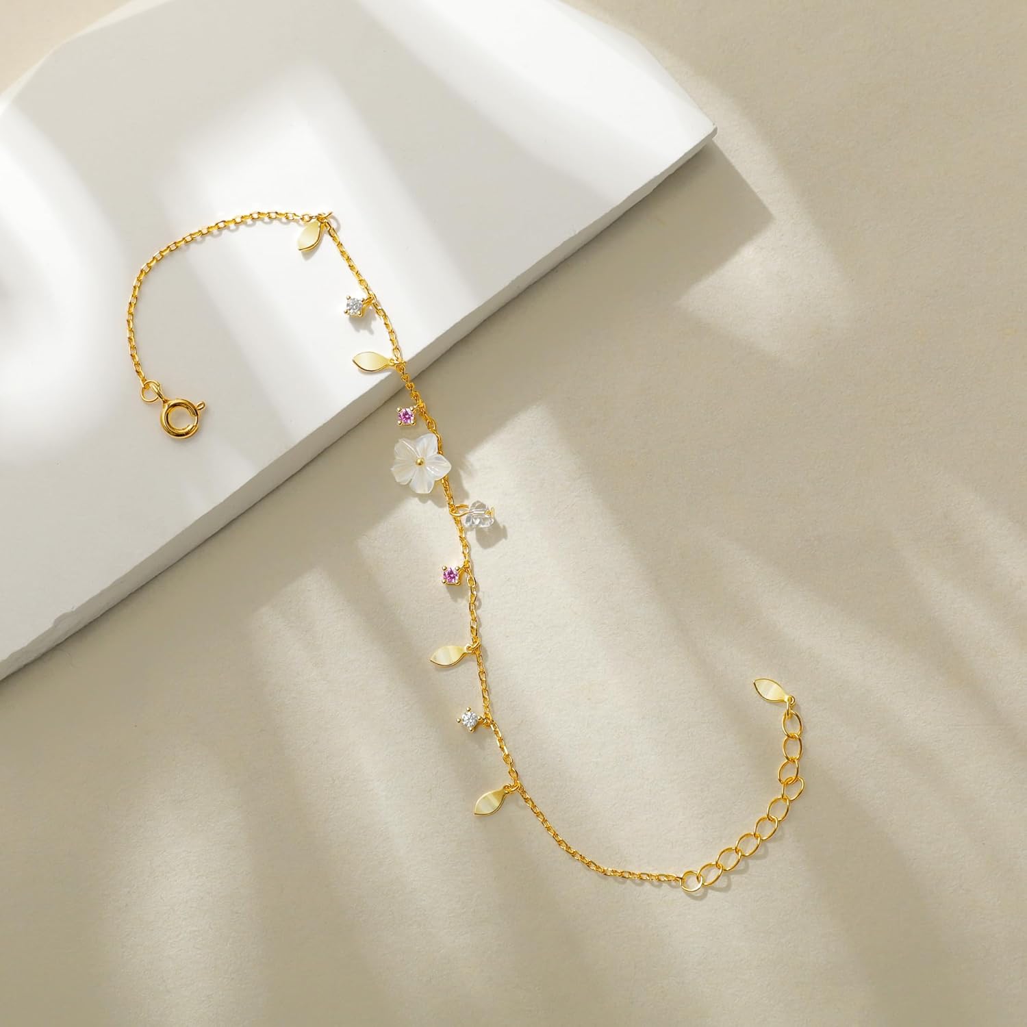 LOVECOM 925 Serling Silver Flower Leaf Bracelets for Women Daughter 14K Gold Plated Hibiscus Floral with Cubic Zirconia Charm Bracelet Cute Crystal Leaves Chain Motherers Jewelry Gifts