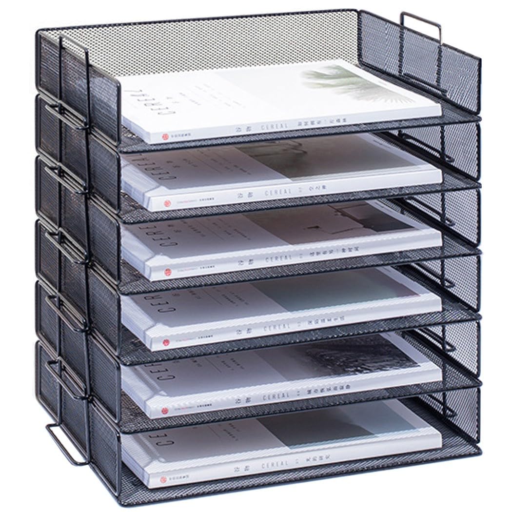 ZESLIV Desk Organiser with File Holder, 6-Tier Paper Organiser with Drawer, Mesh Desk File Organiser with Magazine Holder for Office Organiser, Black