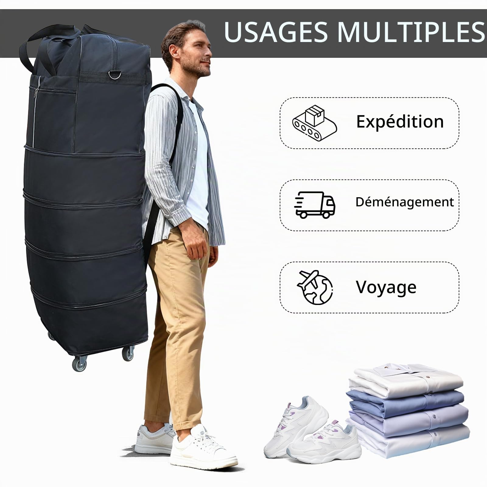 Valises de 185 L avec roulettes - Grand sac de voyage extensible et pliable - Sac de voyage pliable pour homme et femme - Léger - 127 cm x 52 cm x 28 cm