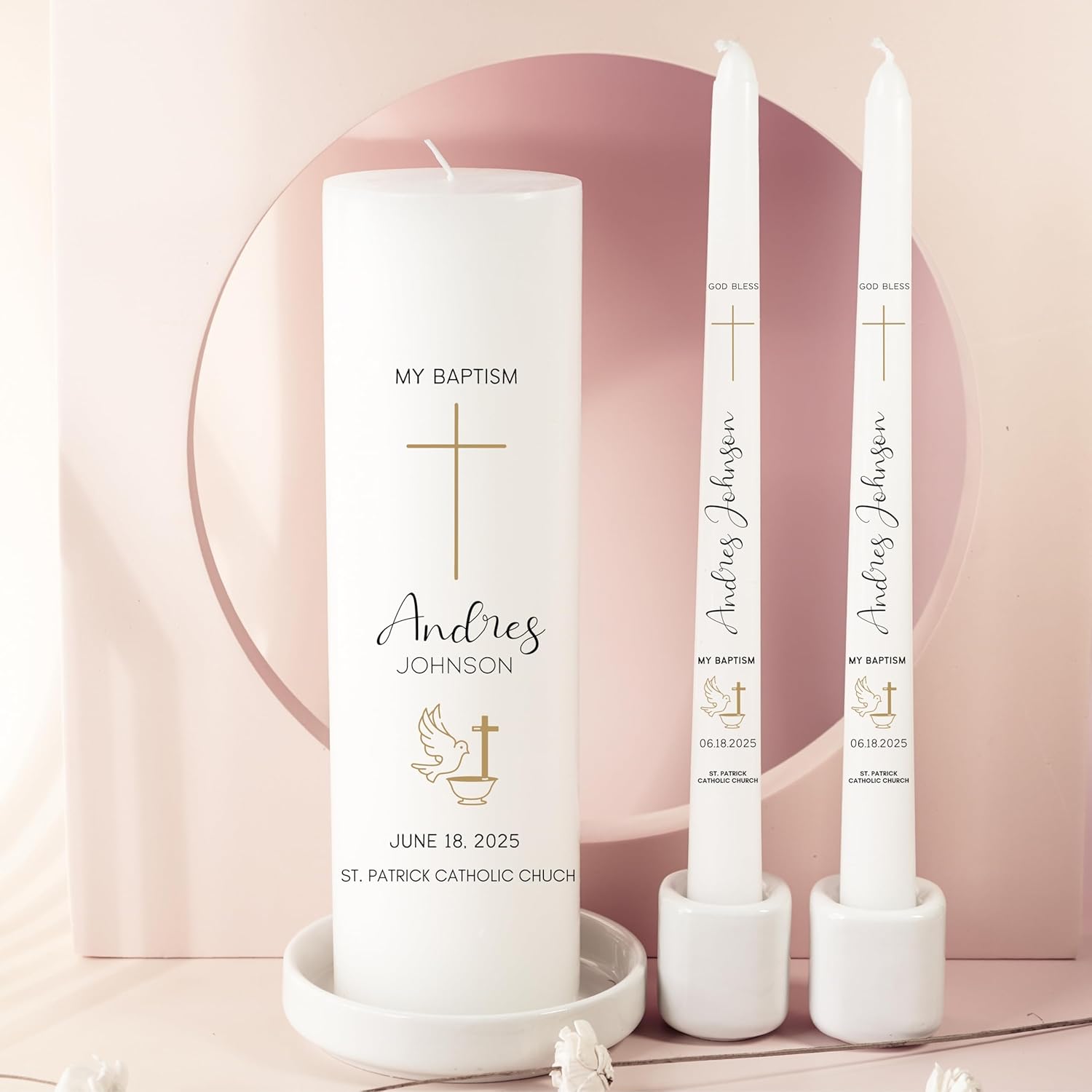 Baptism Candle Set, Set of 3, Personalized Pillar and Taper Candles, Unscented White Premium Wax, Great for Religious Celebration, Christening, Special Events or Gift