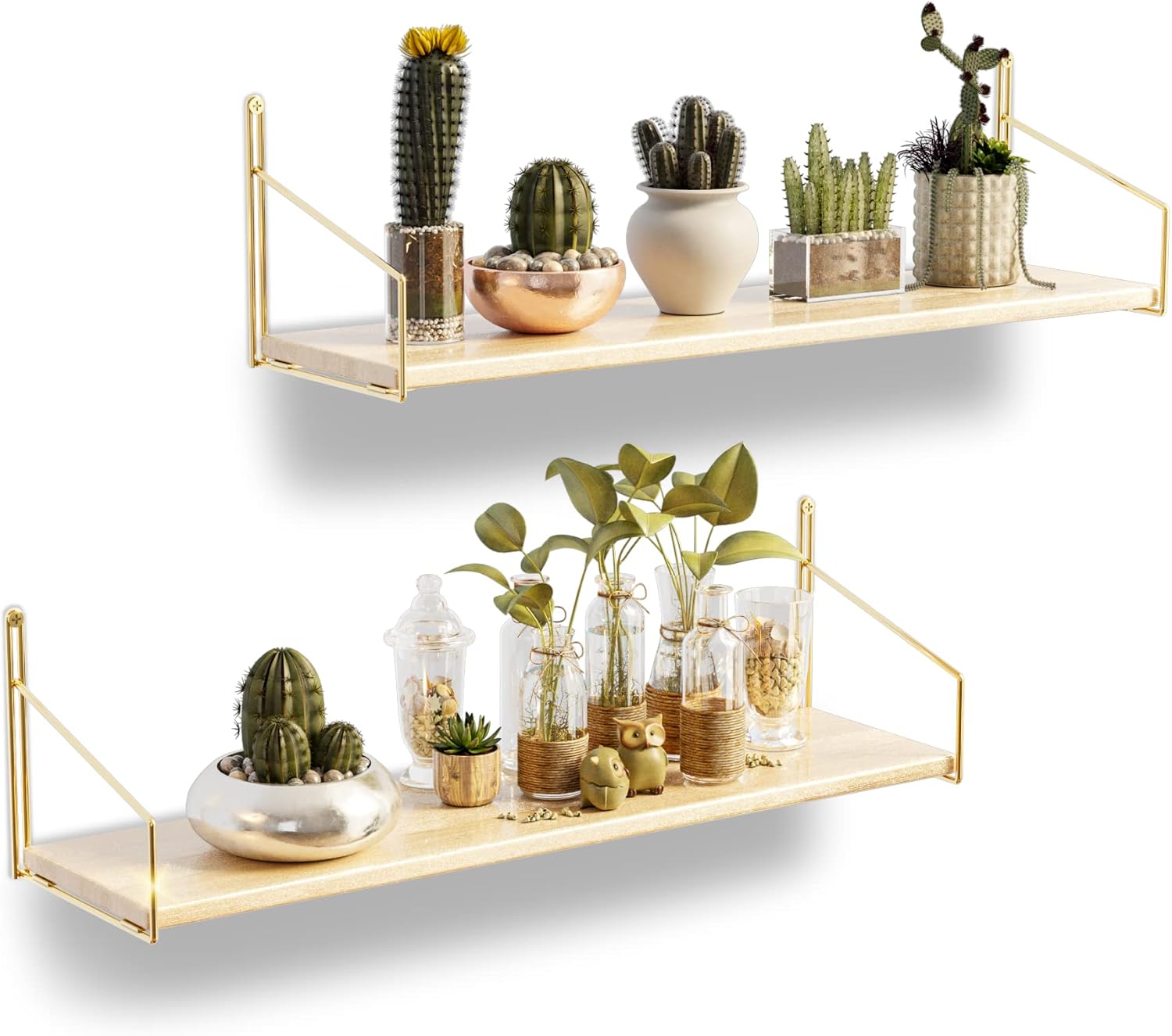 BENOLDY, Gold Metal Frame Wall Mounted Floating Shelf with Pine Wood Rack