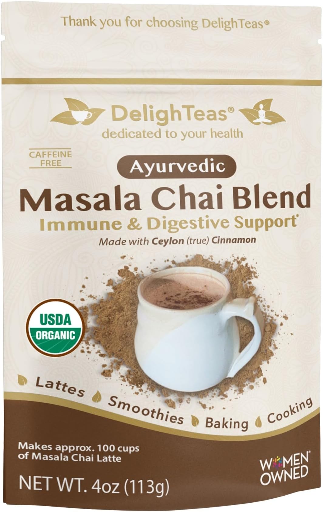 Organic Masala Chai Powder | Caffeine free, Unsweetened, Vegan, Keto | Ayurvedic Digestive Support blend for Chai Spice Tea | 100 Servings, 4oz