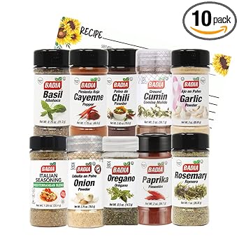 June Street Market New Kitchen Starter 10 Piece Gift Set with Basil, Cayenne, Chili Powder, Cumin, Garlic, Italian, Onion Powder, Oregano, Rosemary, Paprika and Blank Recipe Cards (style may vary)
