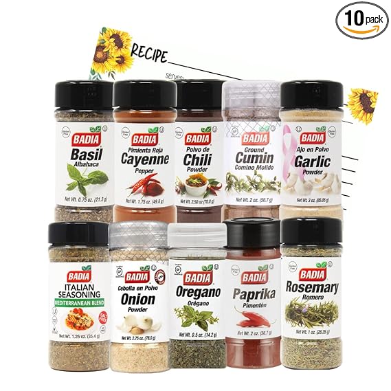 June Street Market New Kitchen Starter 10 Piece Gift Set with Basil, Cayenne, Chili Powder, Cumin, Garlic, Italian, Onion Powder, Oregano, Rosemary, Paprika and Blank Recipe Cards (style may vary)