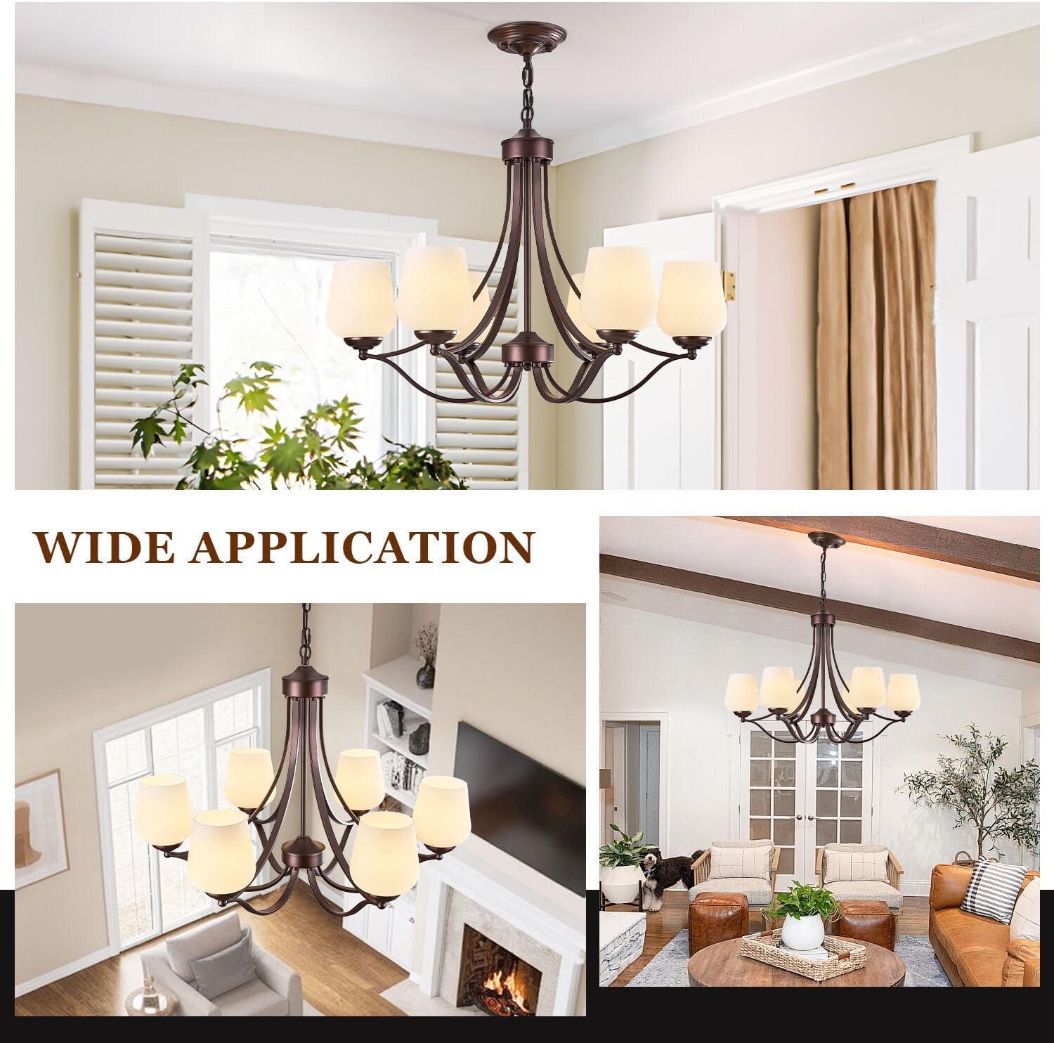 Oil Rubbed Bronze 6-Light Chandelier with Frosted Glass Lampshade, Farmhouse Rustic Dining Room Light Adjustable Height Antique Brown Hanging Light Fixture for Dining Table, Kitchen Island, Staircase