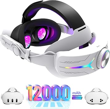 Upgraded RGB Lighted Head Strap with Battery 12000mAh for Meta Quest 3/3s Accessories, Quick Charge for Extended Playtime, to Reduce Facial Stress, Adjustable Elite Strap White