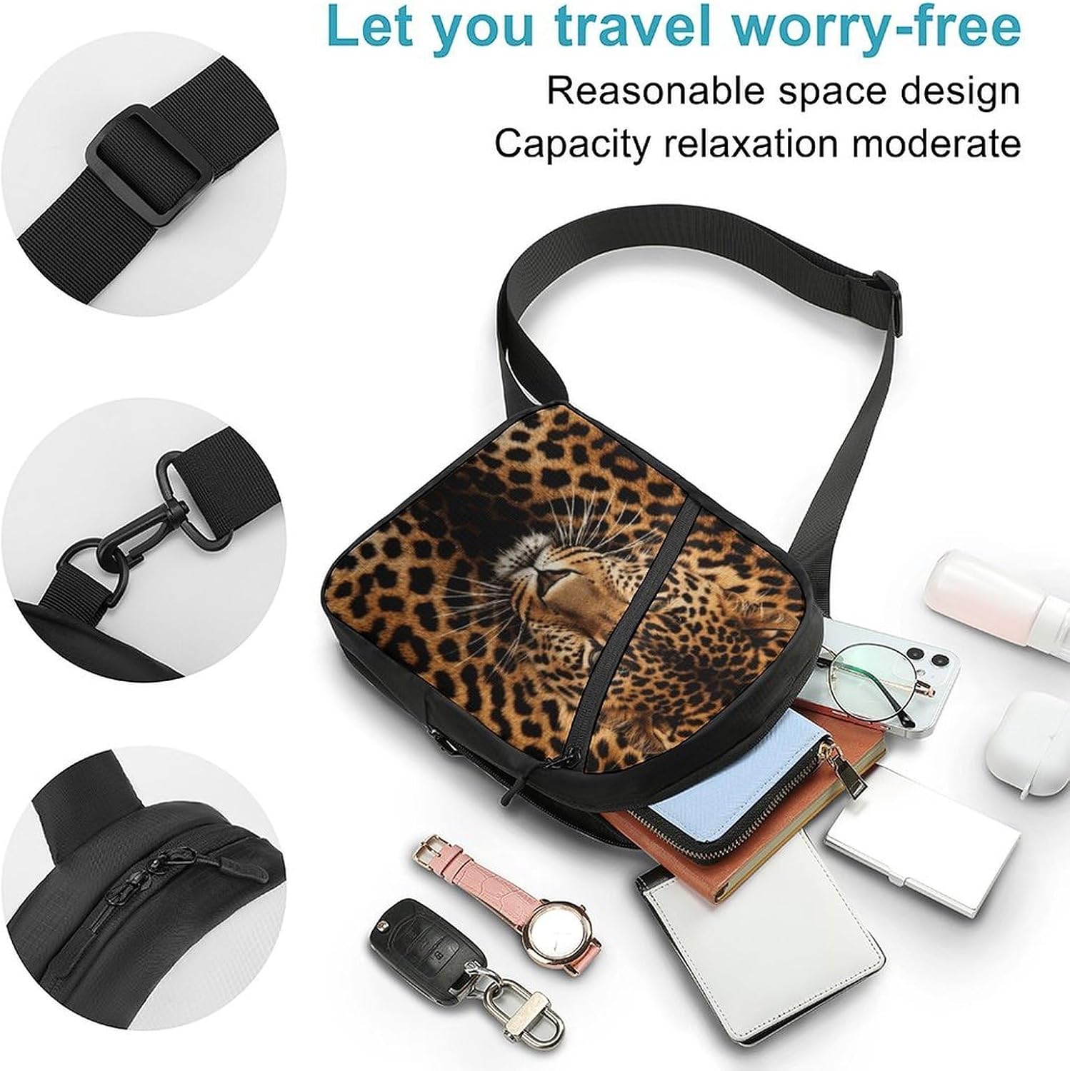 Depict A Leopard Sling Bag Crossbody Chest Bag Fanny Pack | Foldable Oxford Cloth Crossbody Bag with Internal Storage Bag Adjustable Sling Backpack Compact Lightweight for Travel Hiking