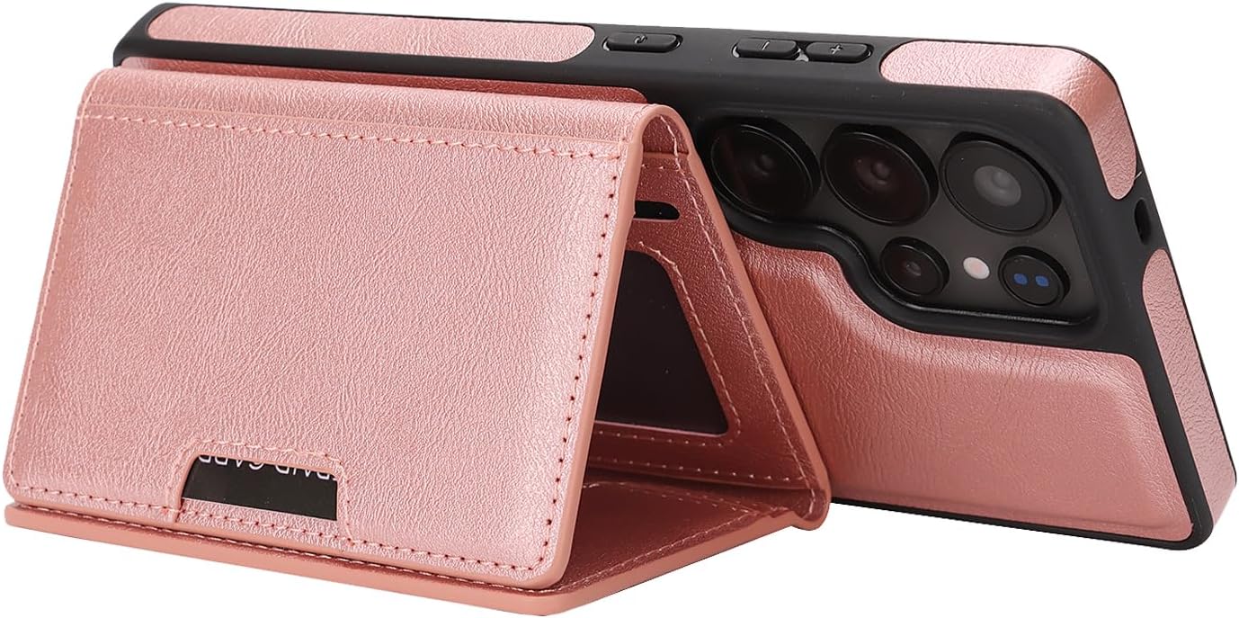 2-in-1 Protective Case for Samsung Galaxy S25 Ultra with Detachable Magnetic Wallet Card Holder Supports Magnetic Wireless Charging Made from Premium PU Leather Bracket Function (Rose Gold)
