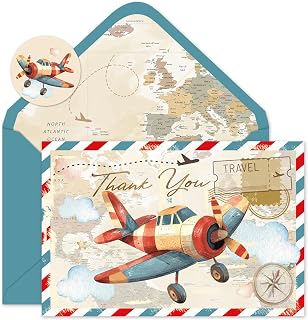 JarThenaAMCS 24 Pack Airplane Thank You Cards Blank Greeting Cards With Envelopes Stickers Vintage Travel Map Note Card for Birthday Baby Shower Supplies