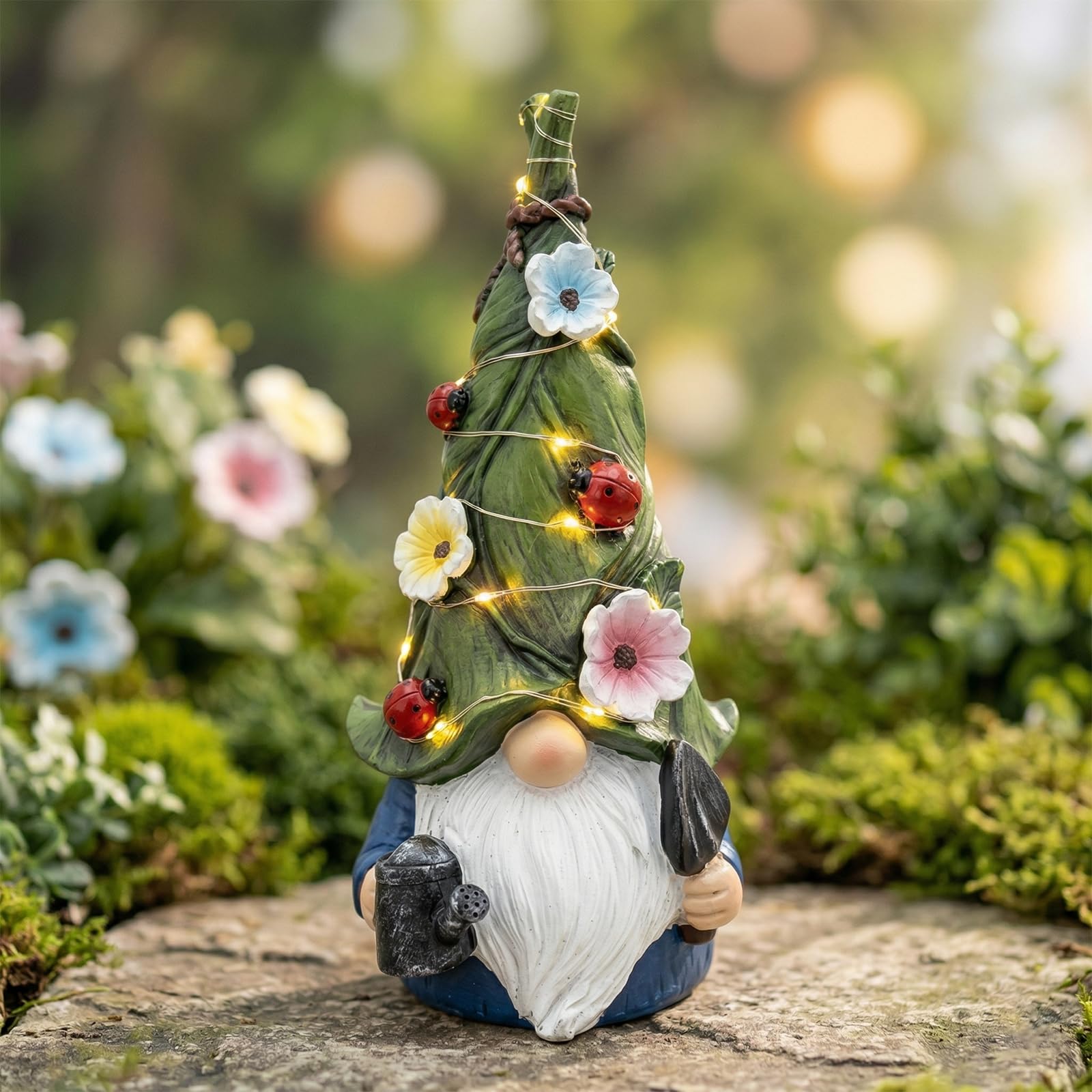Solar Garden Gnome Ornament - Large Resin Gnome Statue with LED String Lights, Leaf Hat, Flowers & Ladybirds - Waterproof Outdoor Decoration for Lawn, Patio & Yard - Gardening Gifts for Men & Women