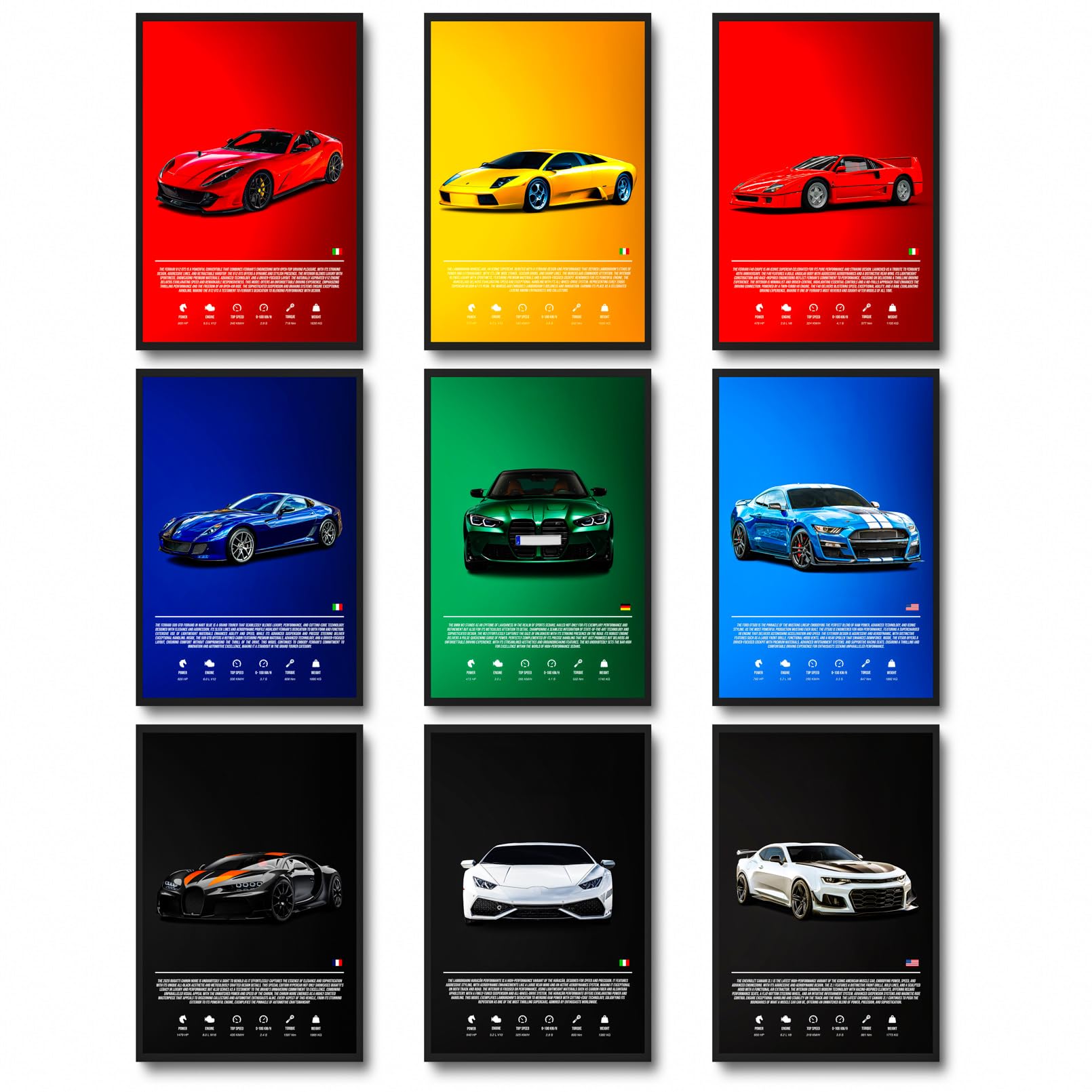 9pcs Super Car Posters for Boys Room, Sports Car Wall Decor, Racing Car Wall Art for Men Guys, Race Cars Pictures Wall Decor for Bedroom Dorm Man Cave (Unframe,8x12inch)
