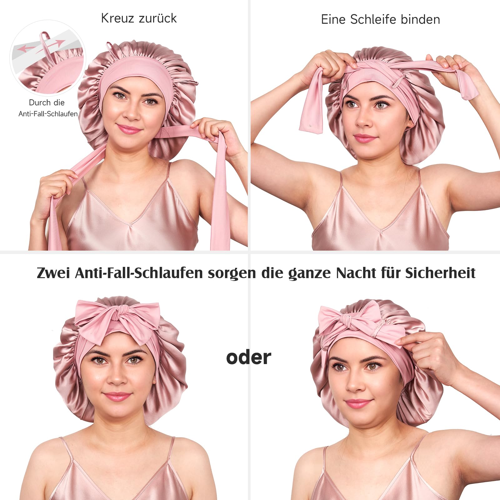 Cuffia Per Capelli In Raso Double Face Per Donne - Berretto Da Notte Morbido E Regolabile Per Capelli Ricci E Lunghi (Rosa)