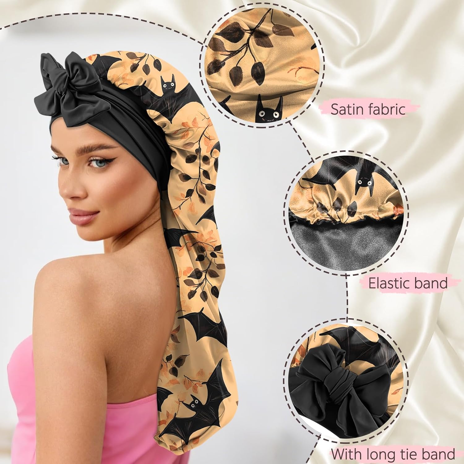 Long Satin Hair Braid Bonnet for Sleeping Double Layer Soft Silk Lined Tie Band Elastic Nightcap Women Girls Cute image 3