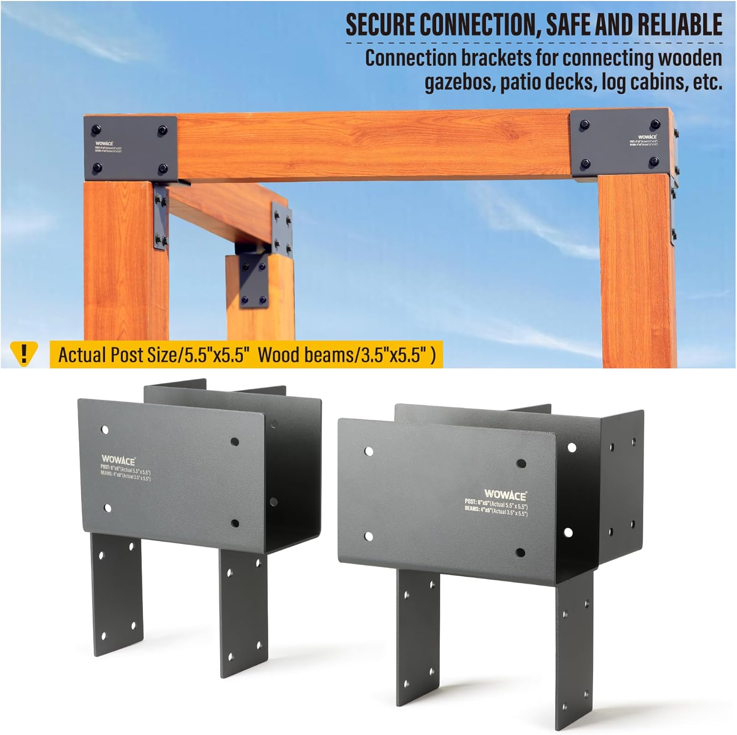 4 Pack 4x6 (Actual 3.5"x5.5") Heavy Duty Stainless Steel Pergola Brackets - Corner Post to Beam Connector for Gazebos, Patio Decks, Porches - Wood Post Cap Tie Bracket (Dark Gray)