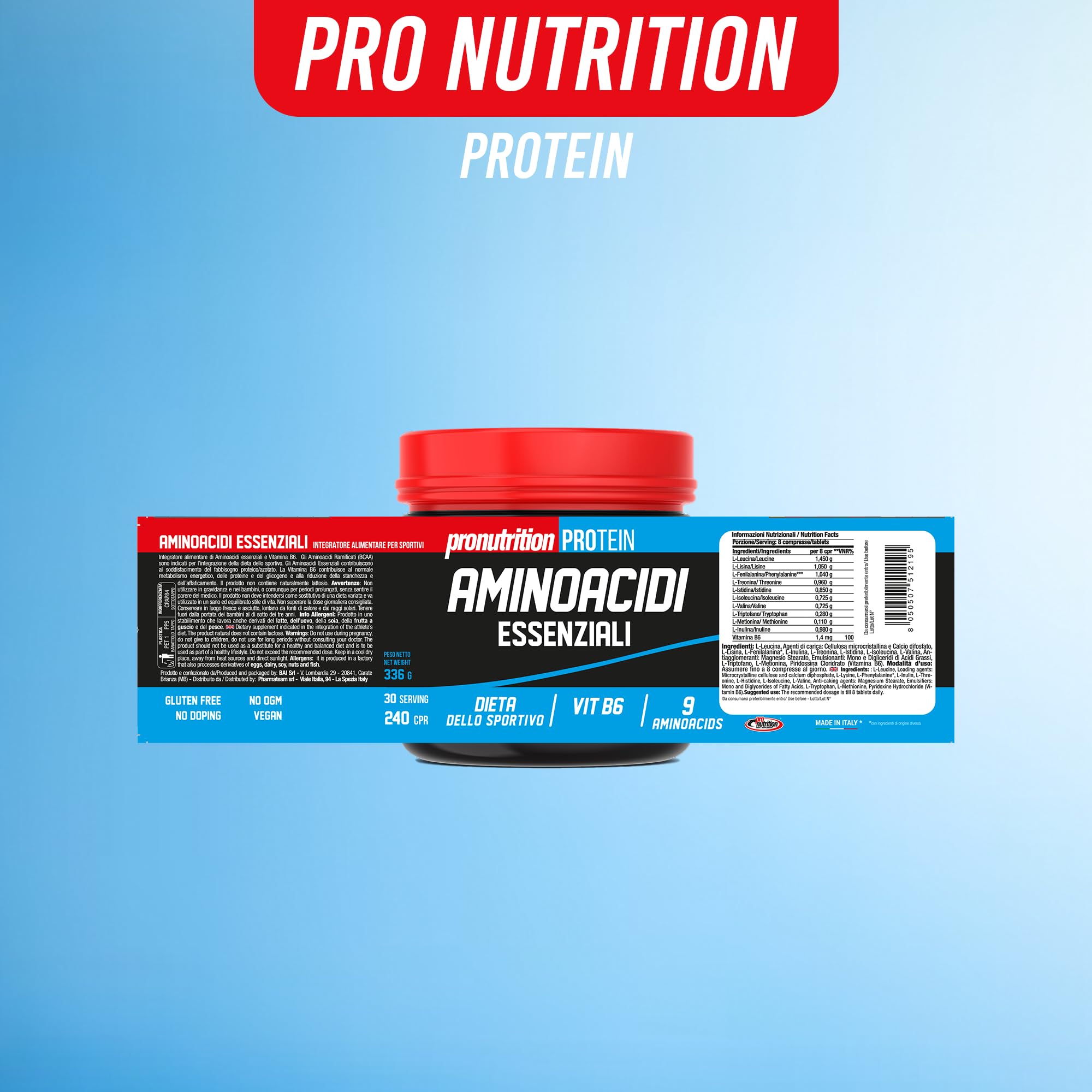 PRO NUTRITION Aminoacidi Essenziali 240 cpr, Integratore Alimentare, Riduzione della Stanchezza, Diminuzione dell’Affaticamento dell’Organismo, Azione Energetica, Bilancio Azotato Positivo - Vitamin