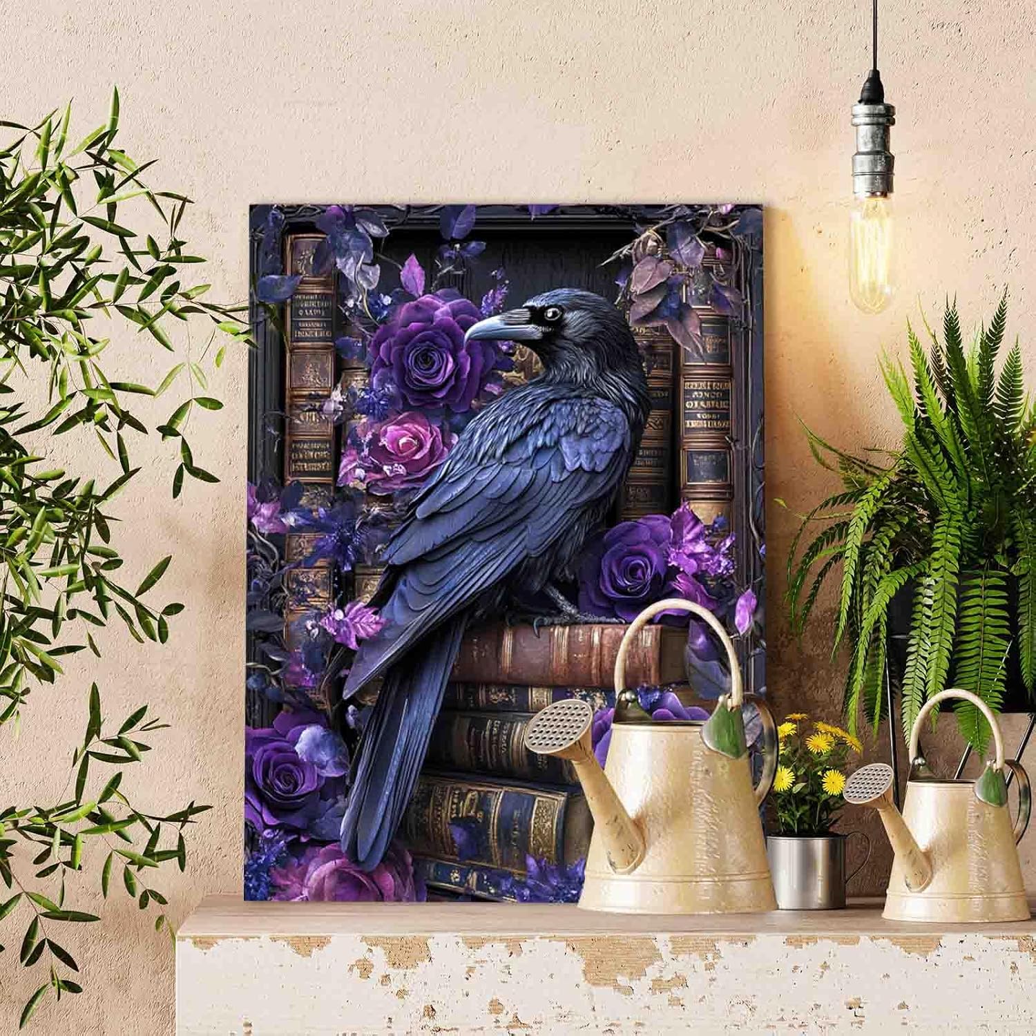 Aihonmin Halloween Purple Crow Paint by Number for Adults Beginner Purple Rose and Books Paint by Number Kits on Canvas Simple Painting DIY Acrylic Paintwork Home Wall Decor Gifts 16"x20" (DIY Frame)