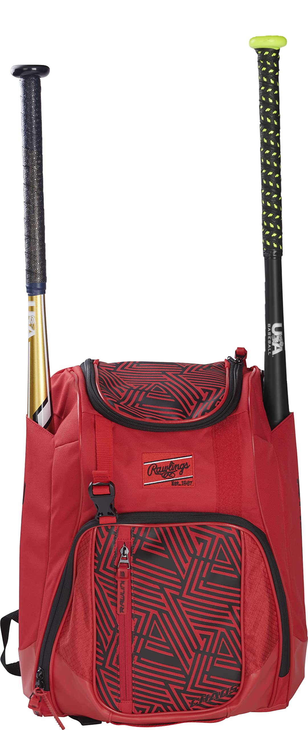 Rawlings Chaos Backpack Bag Series, Juvenil, béisbol y softbol de Lanzamiento rápido, Escarlata/Negro, L, Caos