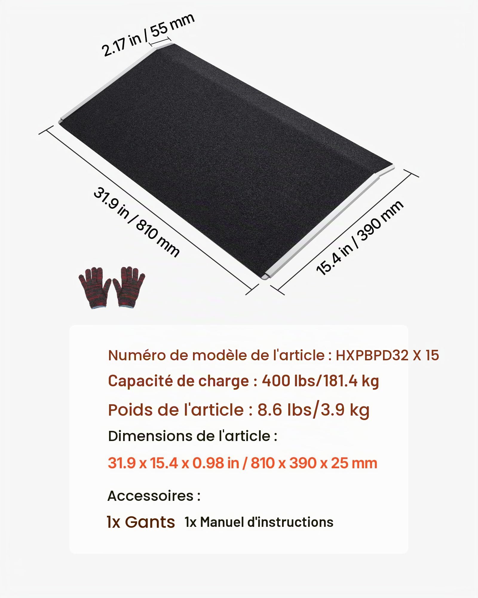 VEVOR Rampe de Seuil 810x390 mm, Rampe de Chargement en Aluminium Antidérapante pour Fauteuil Roulant, Charge 181,4 kg, pour Seuil de Porte, Trottoirs, Marches, Déambulateurs, Chariots et Scooters