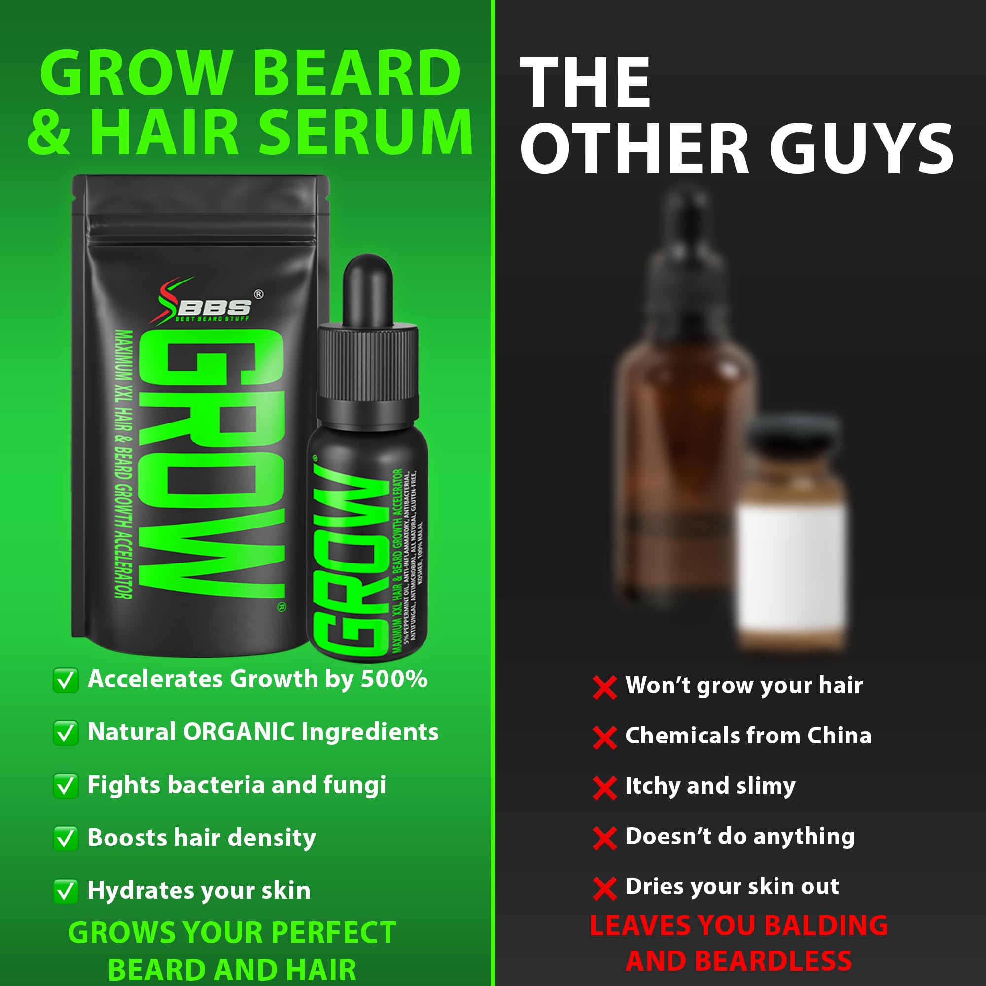 GROW Maximum XXL Beard Growth & Mustache Accelerator Serum - Beard Growth Oil for Men to Fix Patchy Beards and Fill Patches GUARANTEED - Facial Hair Thickening Conditioner & Enhancer - Made in the USA