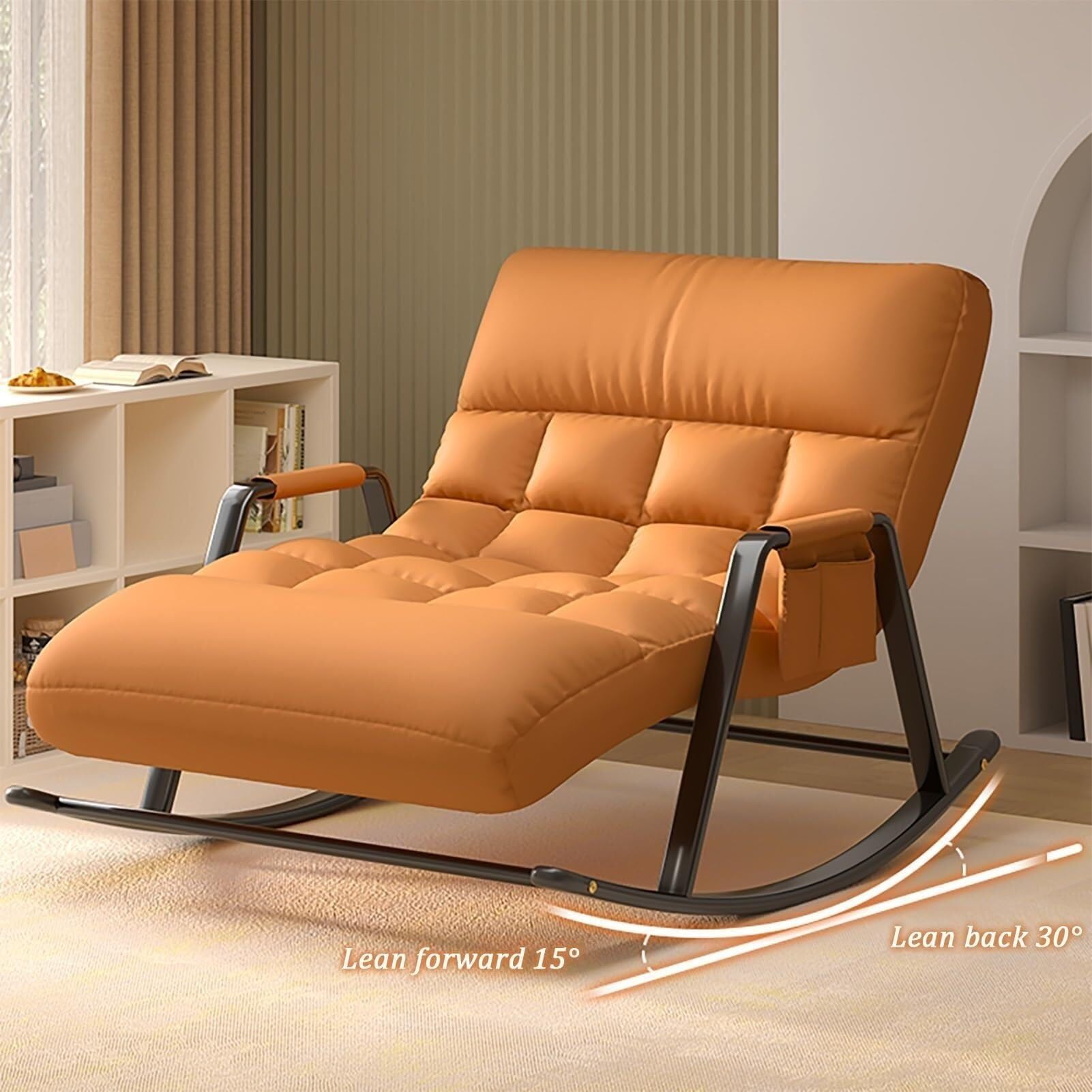 ZXFDMSWJ Doppel-Schaukelstuhl mit Seitentasche, Tragkraft 250 kg, gepolsterter Schaukelstuhl für Schlafzimmer und Wohnzimmer, moderner Stuhl (grau, schwarzer Rahmen)