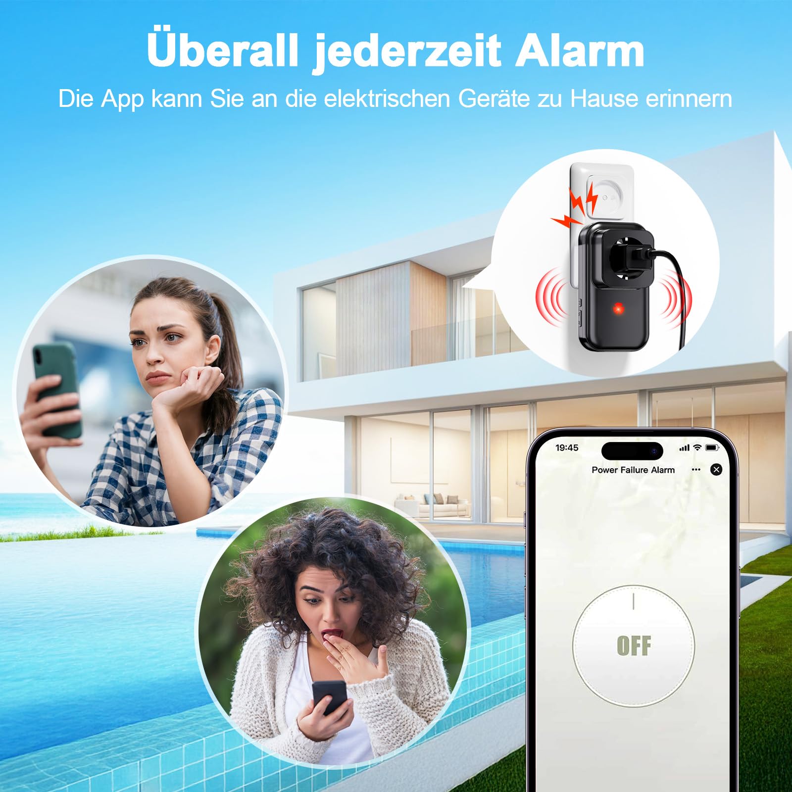 Stromausfallmelder WLAN Stromausfallalarm melder mit LED Anzeige, 0-110db Stromausfallmelder bei Stromausfall für Kühlschränke, Gefriertruhen, Aquarien Wireless Doorbell (Schwarz-1 Packung)