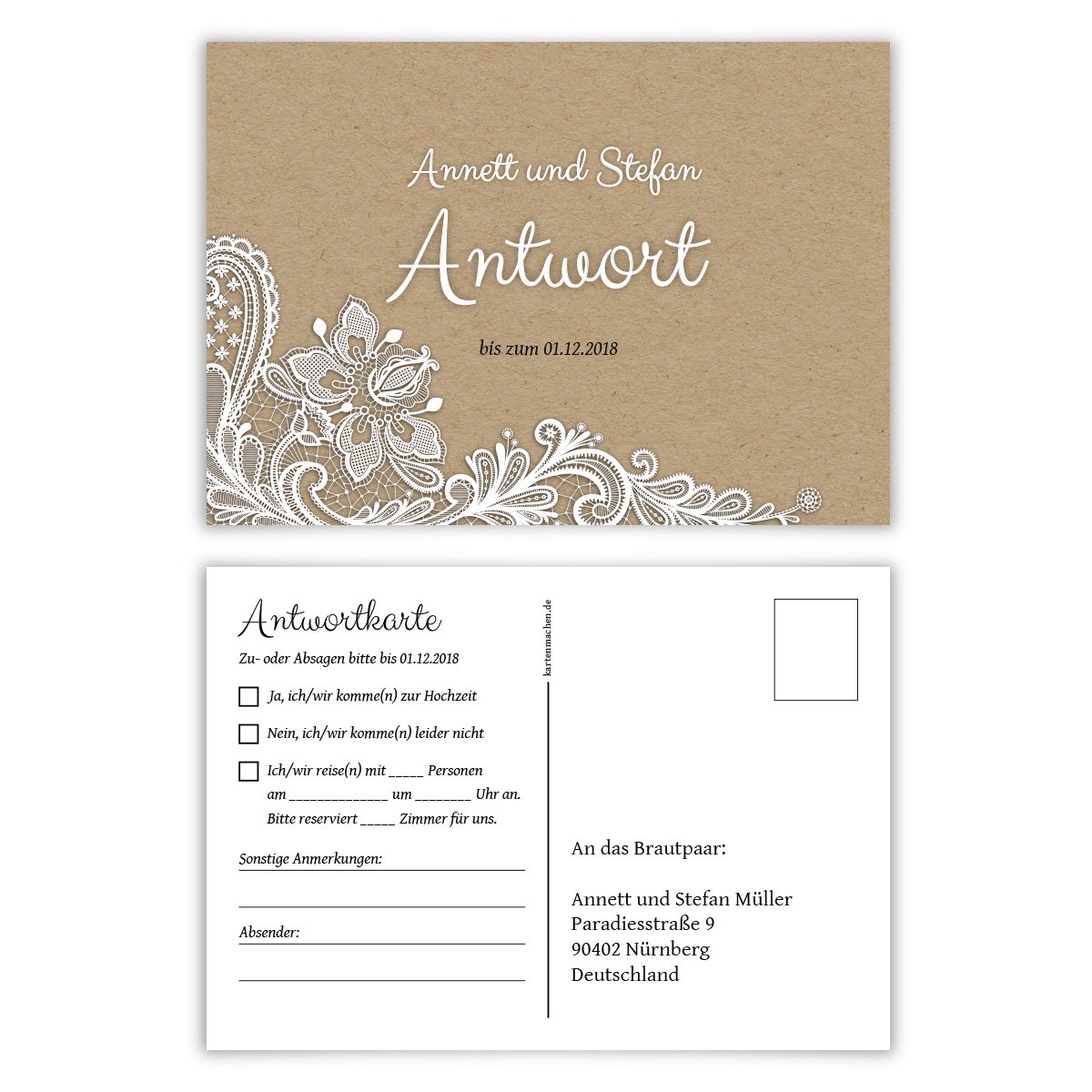 50 x Antwortkarte Hochzeit Hochzeitskarten Antwort Postkarte - Rustikal Kraftpapier Look