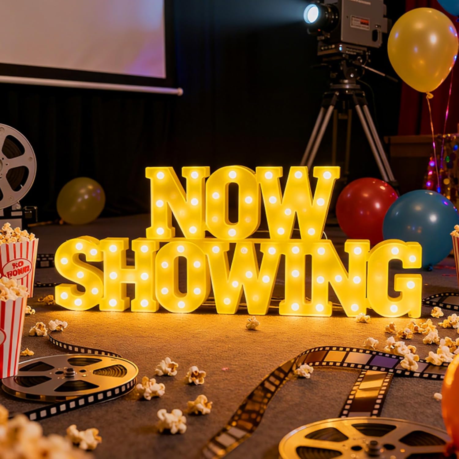 Honoson 10 Pcs Movie Night Party Decorations Now Showing Light up Sign LED Neon Sign Table Decor for Home Movie Room Film Room Camera Action Party Supplies