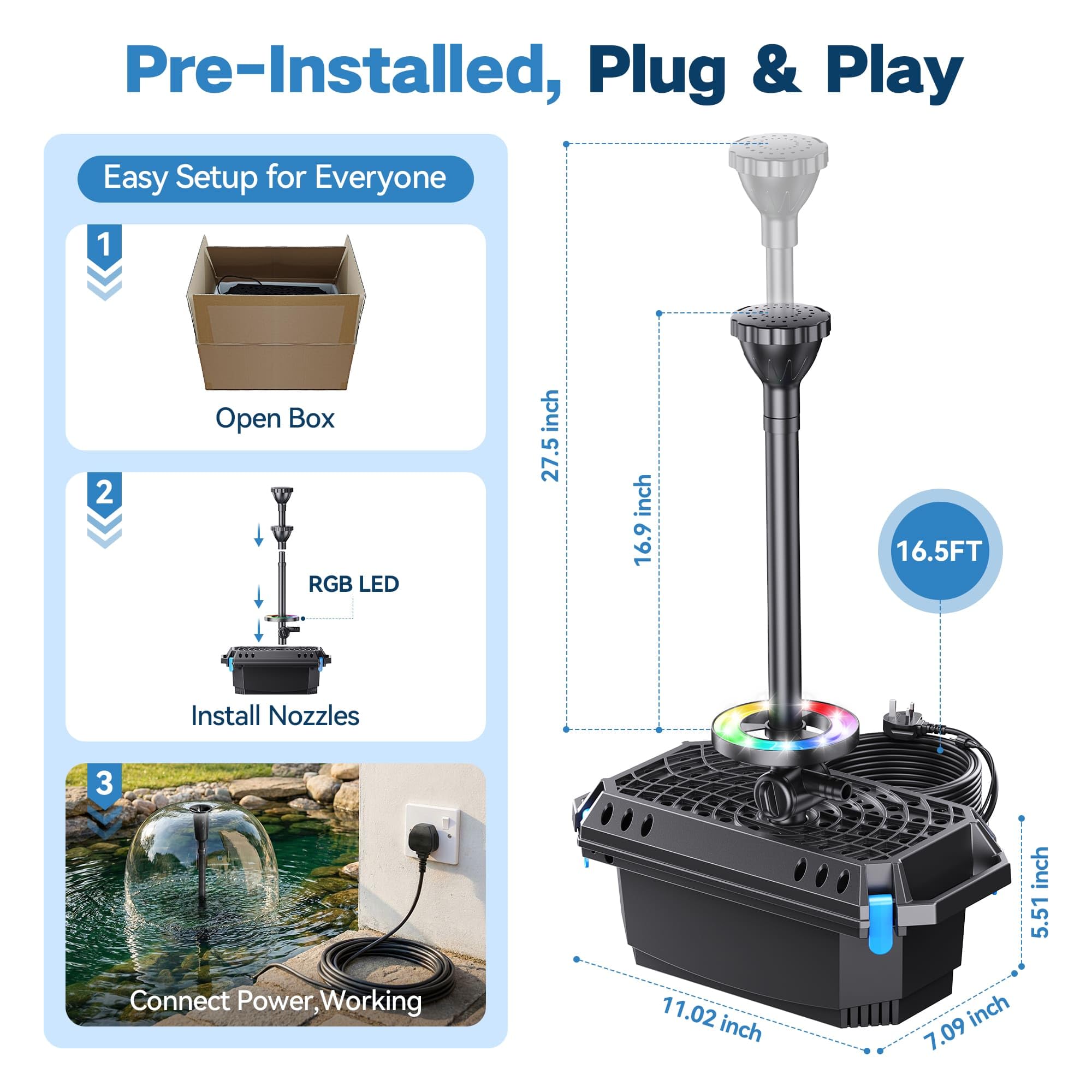 Biling Pond Filter with UV Clarifier and LED Lights, 2500 L/H Fountain Pump, RGB Remote Control Lights, 3 Nozzles, Black, Electric, for 4000L Garden Pond Care Water Features Stream Waterfall Treatment — view 5